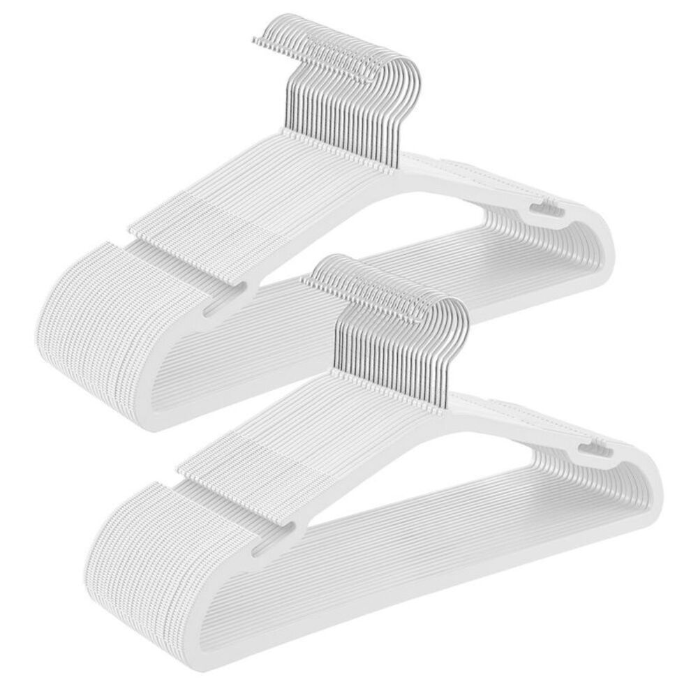 50-Pack Heavy Duty Plastic Hangers with Wide Notches & Pant Bar - White